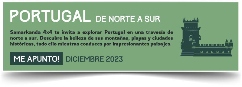 Póster informativo de una ruta 4x4 por las montañas y playas de Portugal durante 2023.