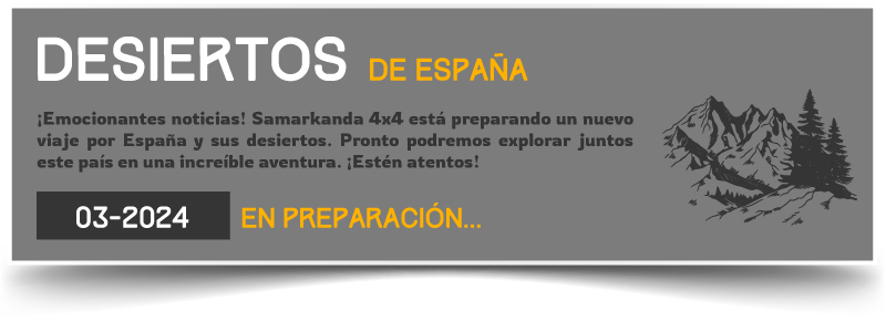 Póster informativo de una ruta 4x4 por los desiertos de España durante 2024.