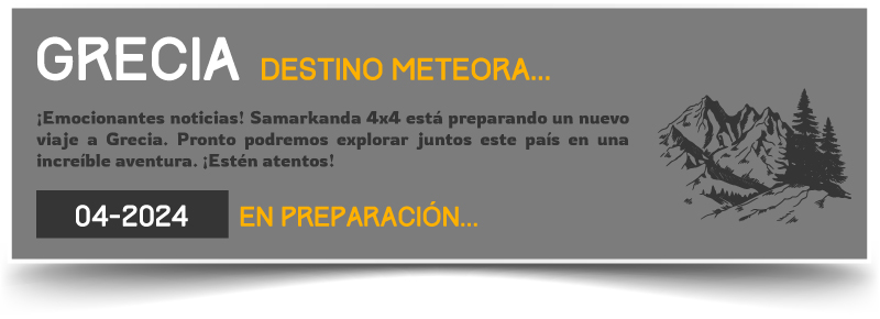 Póster informativo de una ruta 4x4 por las montañas y playas de Grecia durante 2024.